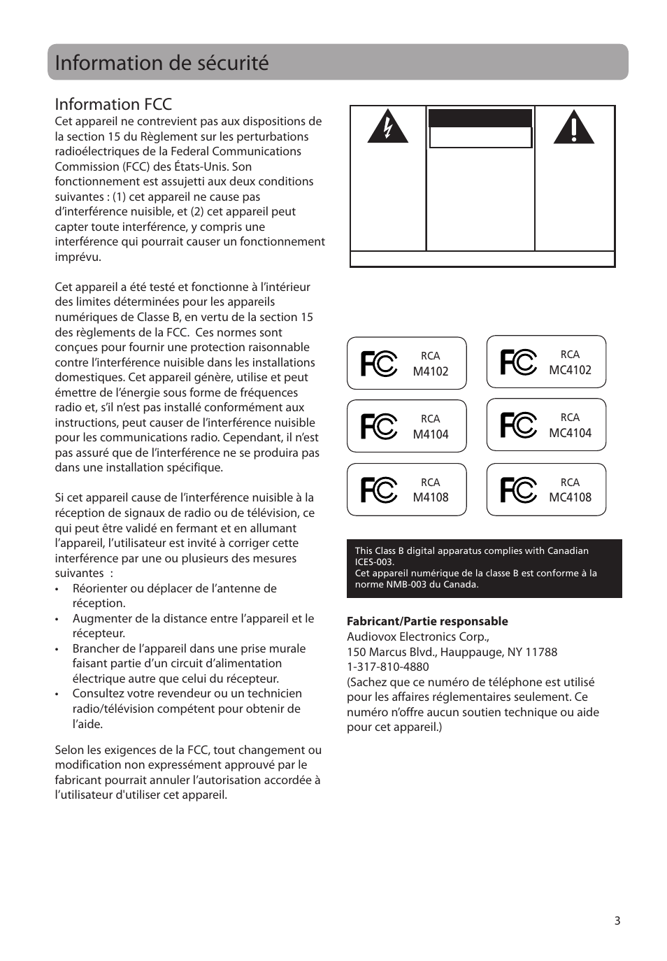 Information de sécurité, Information fcc, Avertissement | RCA M4104 User Manual | Page 61 / 87