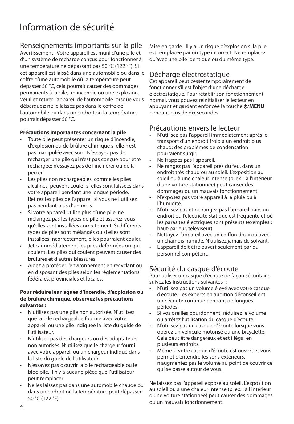 Renseignements importants sur la pile, Décharge électrostatique, Précautions envers le lecteur | Sécurité du casque d’écoute, Information de sécurité | RCA M4104 User Manual | Page 62 / 87