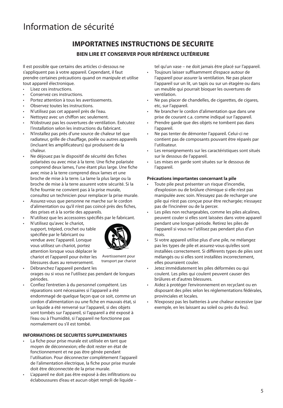 Importatnes instructions de securite, Information de sécurité | RCA M4104 User Manual | Page 63 / 87