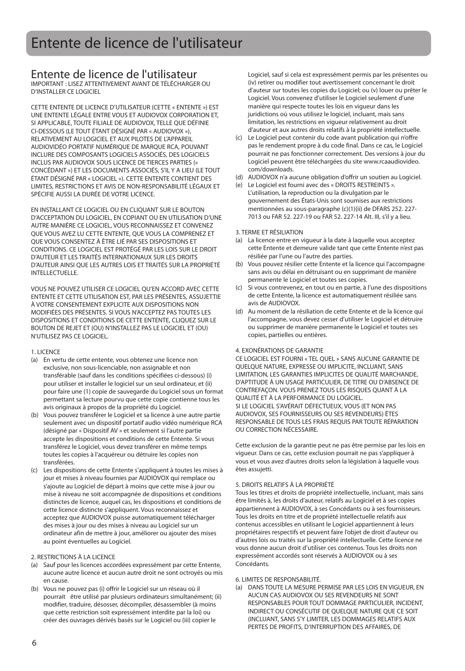 Entente de licence de l'utilisateur | RCA M4104 User Manual | Page 64 / 87