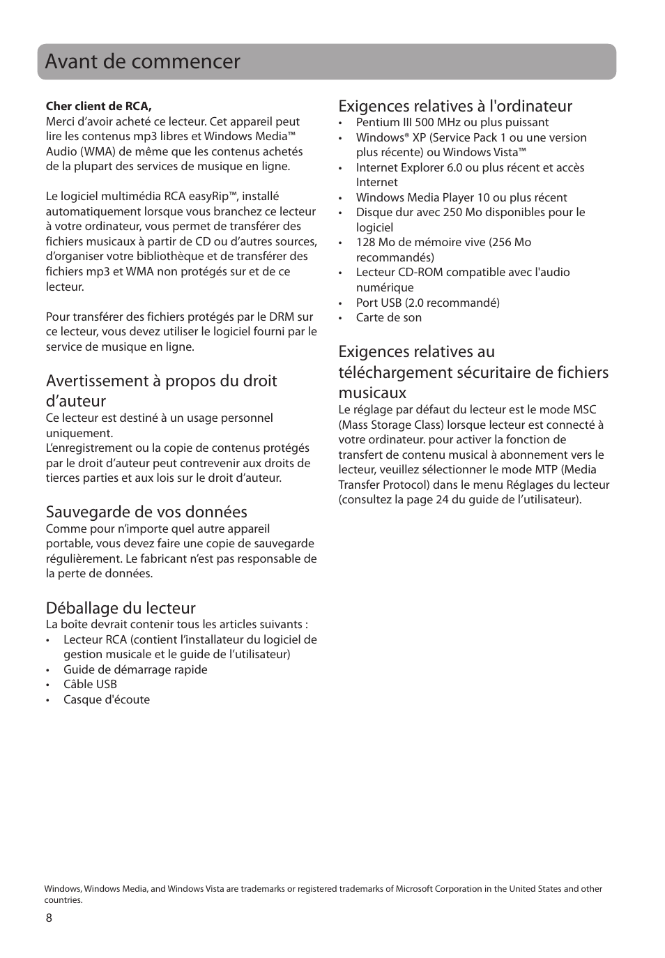 Avant de commencer, Avertissement à propos du droit d’auteur, Sauvegarde de vos données | Déballage du lecteur, Exigences relatives à l'ordinateur | RCA M4104 User Manual | Page 66 / 87