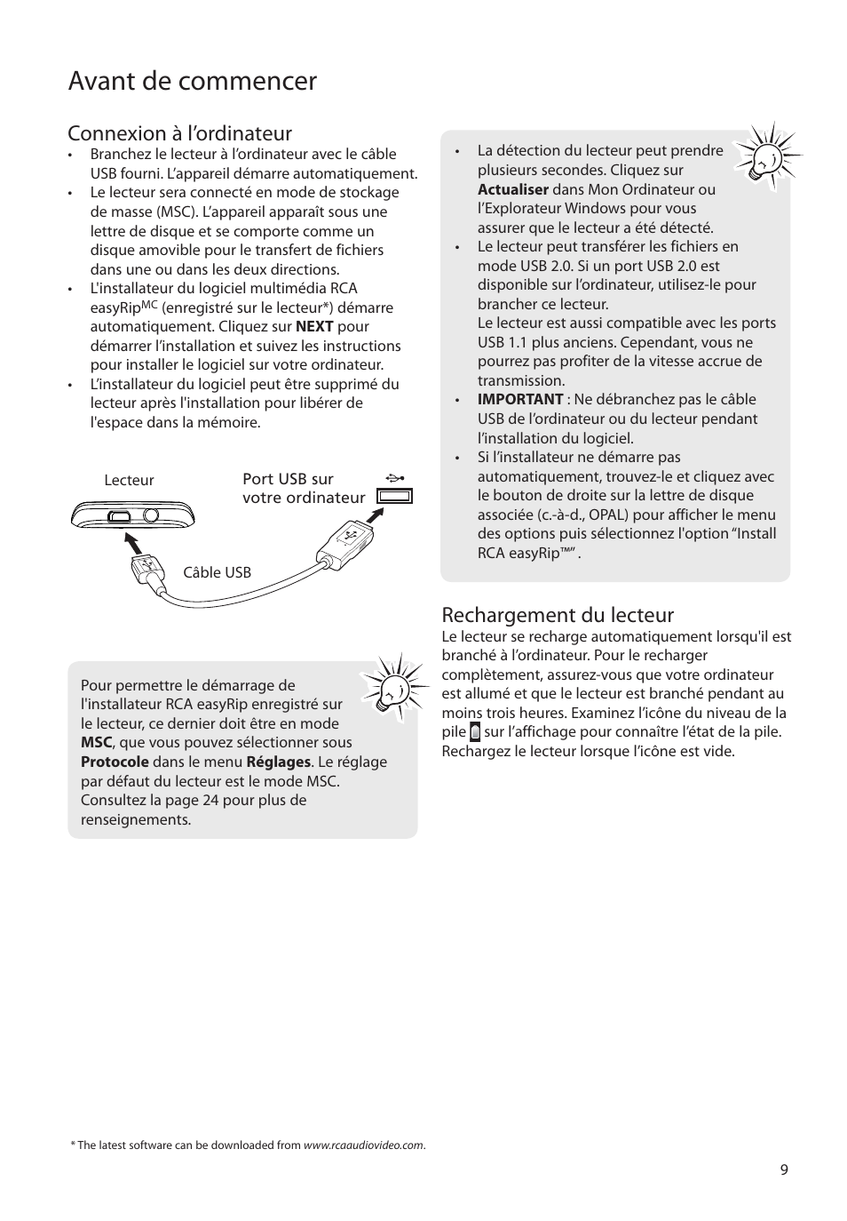 Connexion à l’ordinateur, Rechargement du lecteur, Avant de commencer | RCA M4104 User Manual | Page 67 / 87