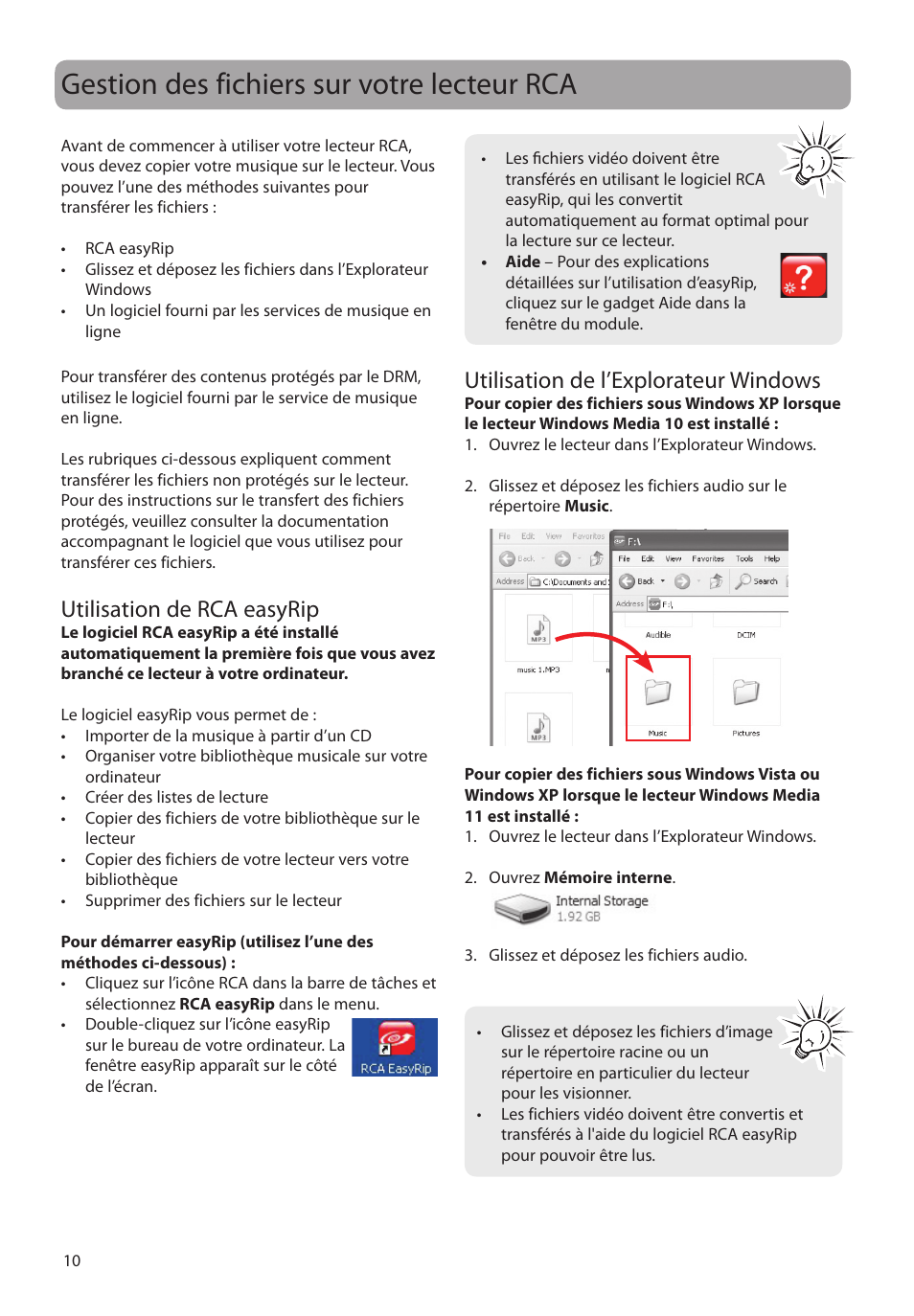 Gestion des fichiers sur votre lecteur rca, Utilisation de rca easyrip, Utilisation de l’explorateur windows | RCA M4104 User Manual | Page 68 / 87