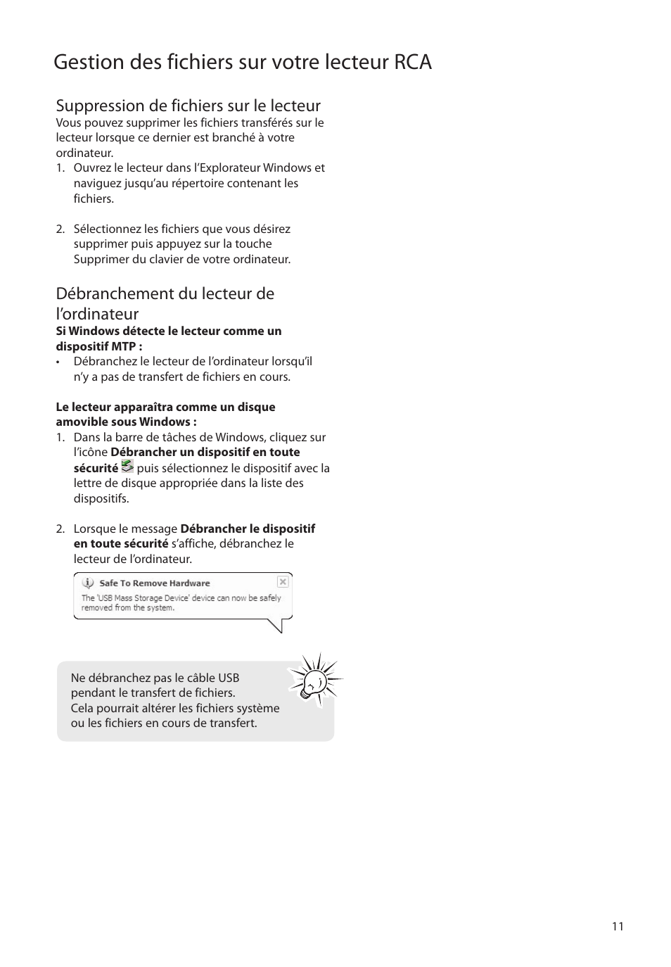 Suppression de fichiers sur le lecteur, Débranchement du lecteur de l’ordinateur, Gestion des fichiers sur votre lecteur rca | RCA M4104 User Manual | Page 69 / 87