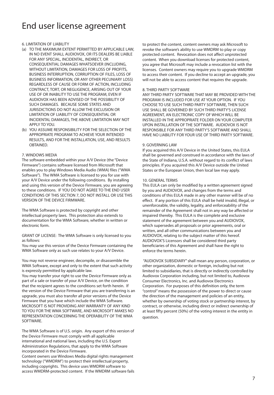 End user license agreement | RCA M4104 User Manual | Page 7 / 87