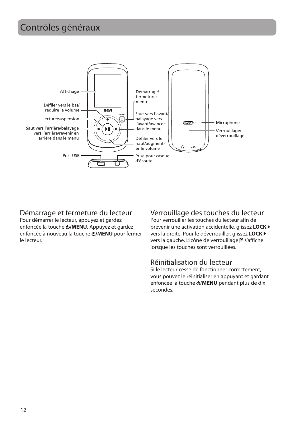 Contrôles généraux, Démarrage et fermeture du lecteur, Verrouillage des touches du lecteur | Réinitialisation du lecteur | RCA M4104 User Manual | Page 70 / 87