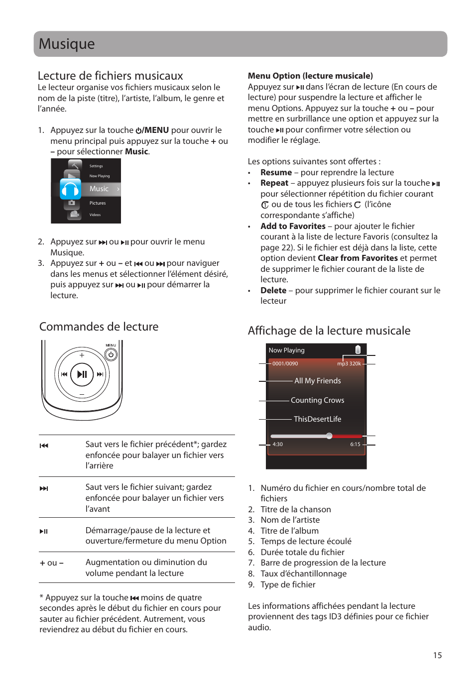 Musique, Lecture de fichiers musicaux, Commandes de lecture | Affichage de la lecture musicale | RCA M4104 User Manual | Page 73 / 87