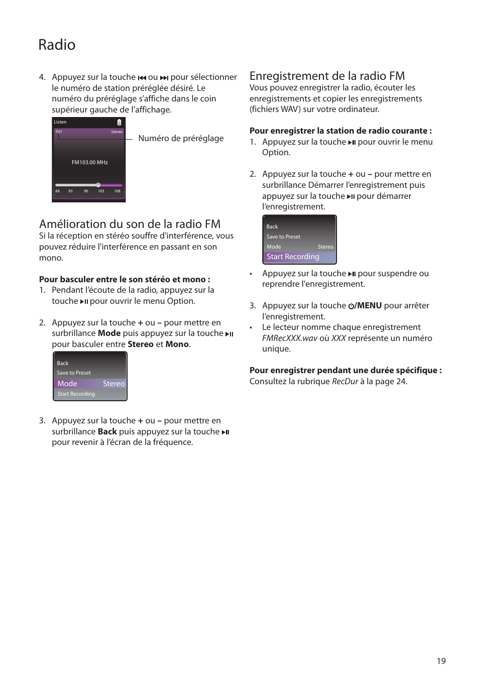 Amélioration du son de la radio fm, Enregistrement de la radio fm, Radio | RCA M4104 User Manual | Page 77 / 87