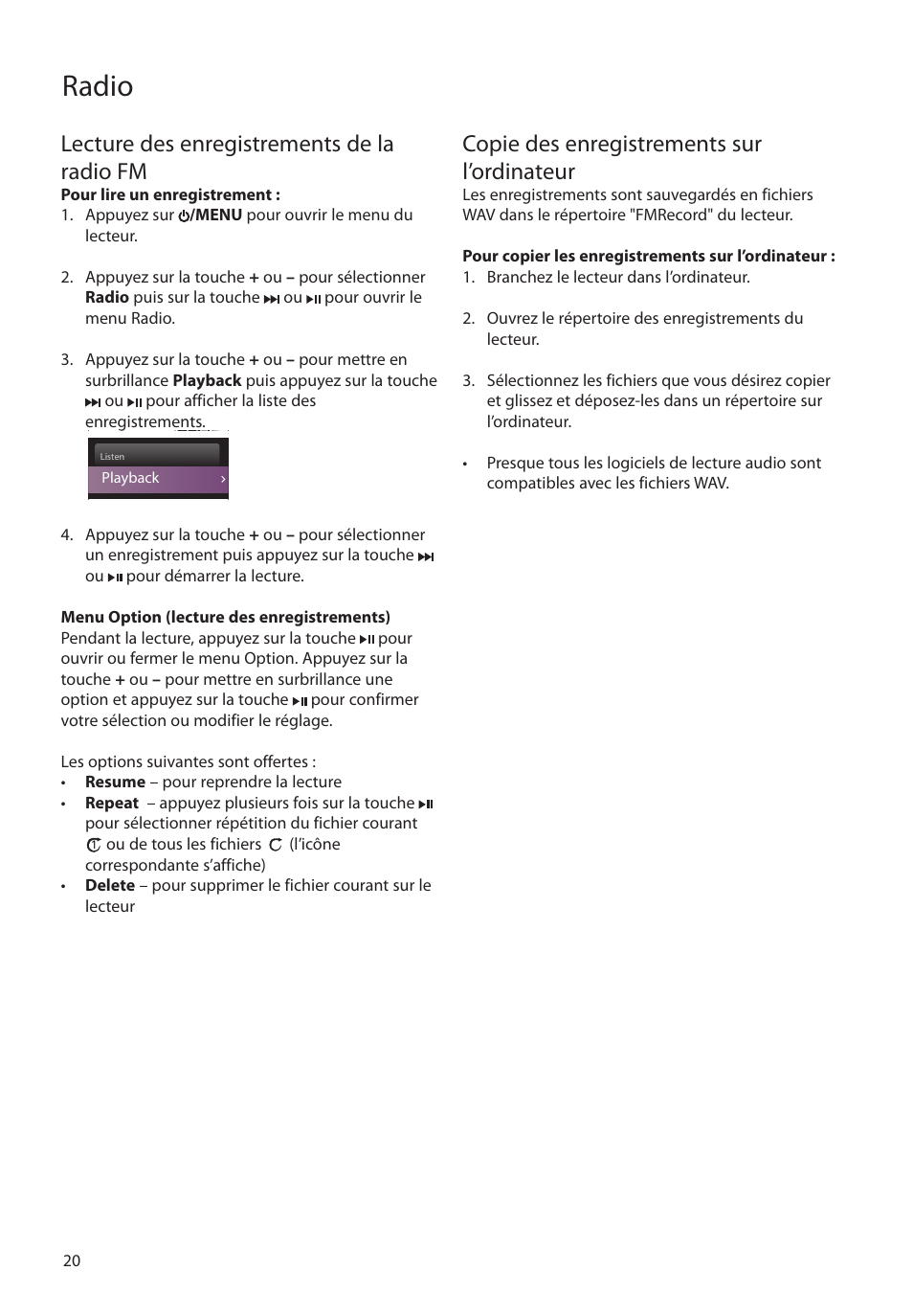 Lecture des enregistrements de la radio fm, Copie des enregistrements sur l’ordinateur, Radio | RCA M4104 User Manual | Page 78 / 87