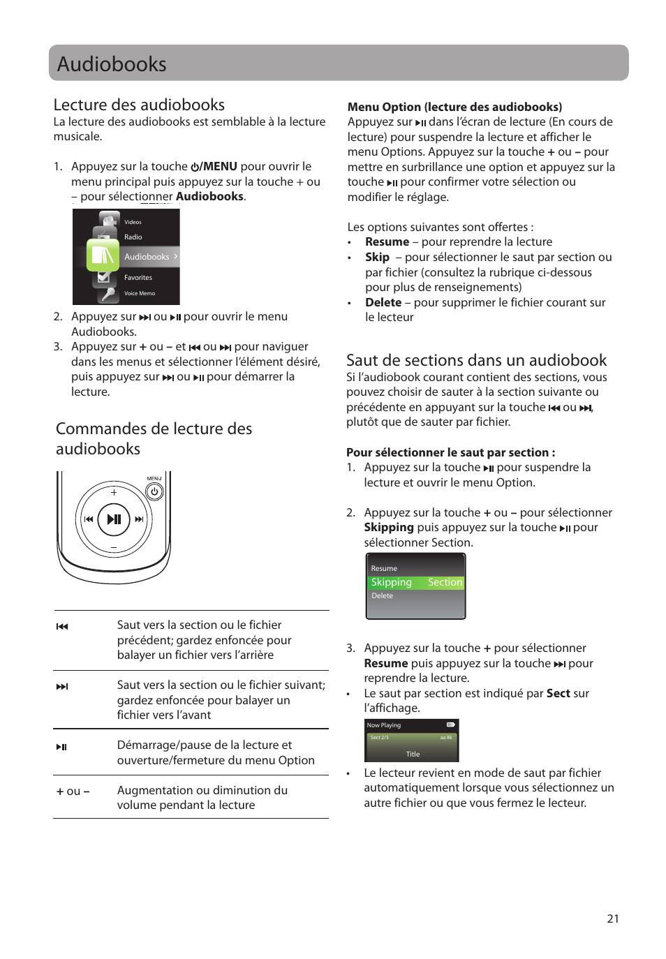 Audiobooks, Lecture des audiobooks, Commandes de lecture des audiobooks | Saut de sections dans un audiobook | RCA M4104 User Manual | Page 79 / 87