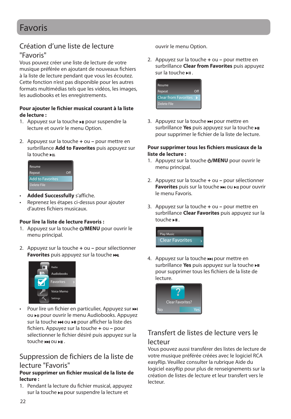 Favoris, Création d’une liste de lecture "favoris, Transfert de listes de lecture vers le lecteur | RCA M4104 User Manual | Page 80 / 87