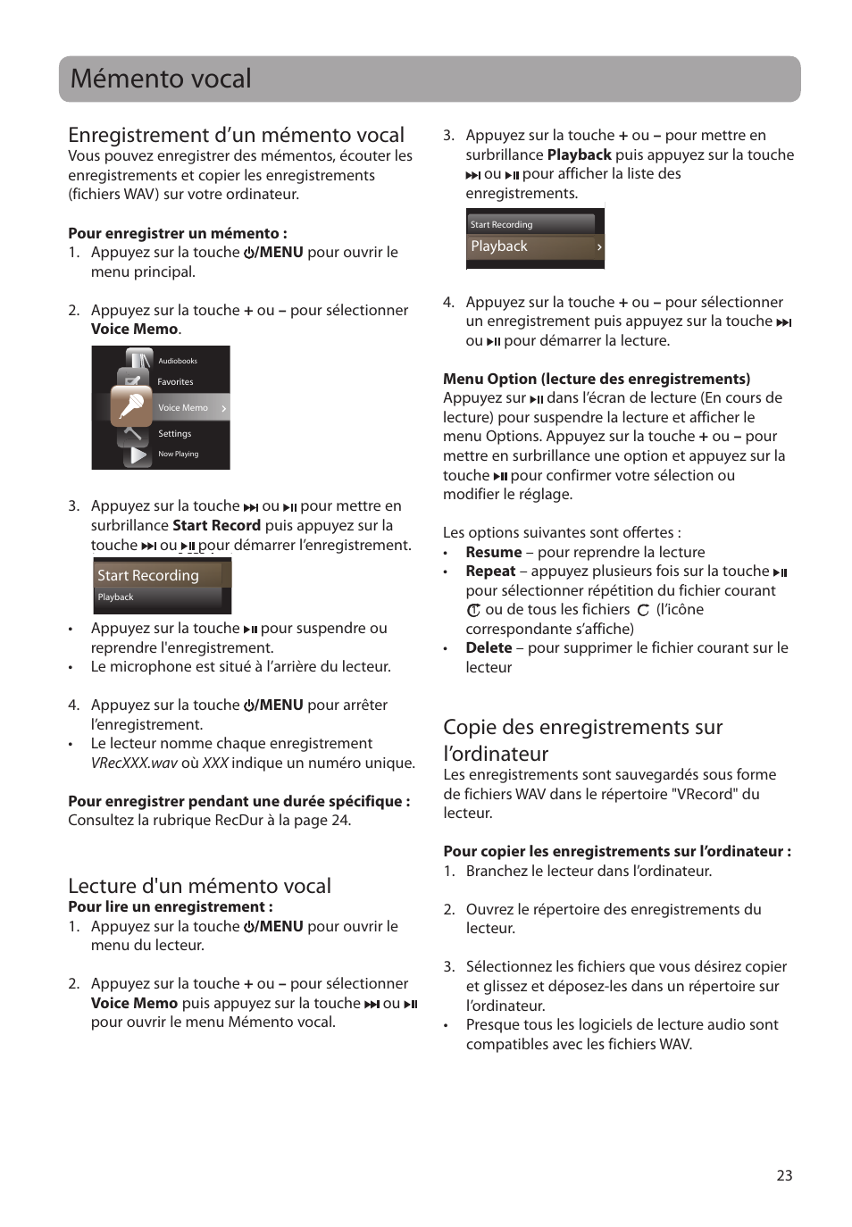 Mémento vocal, Enregistrement d’un mémento vocal, Lecture d'un mémento vocal | Copie des enregistrements sur l’ordinateur | RCA M4104 User Manual | Page 81 / 87