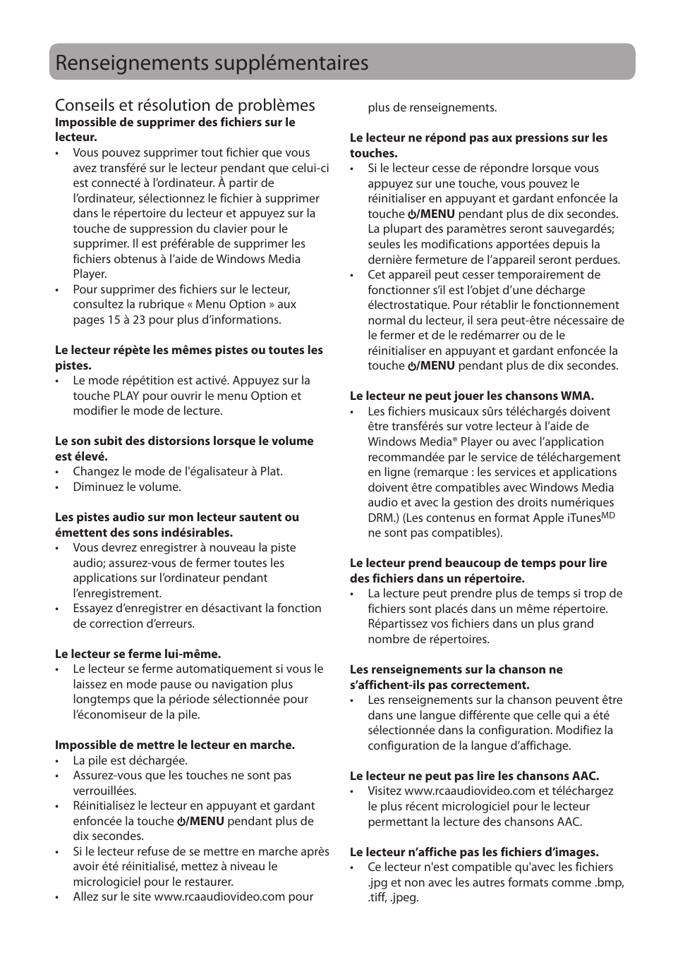 Renseignements supplémentaires, Conseils et résolution de problèmes | RCA M4104 User Manual | Page 83 / 87