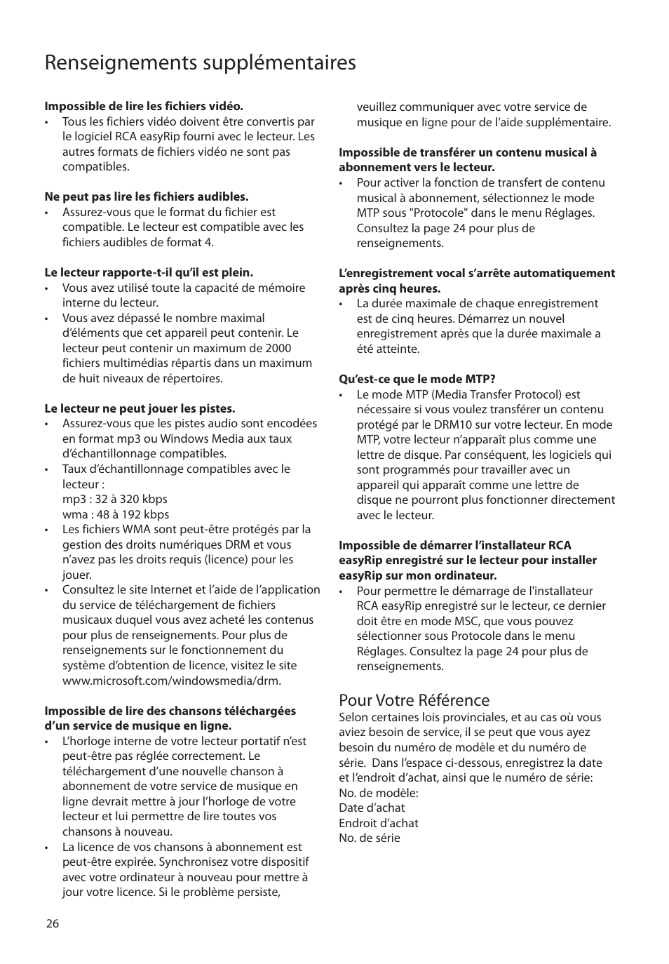 Pour votre référence, Visitez le site web de rca, Renseignements supplémentaires | RCA M4104 User Manual | Page 84 / 87