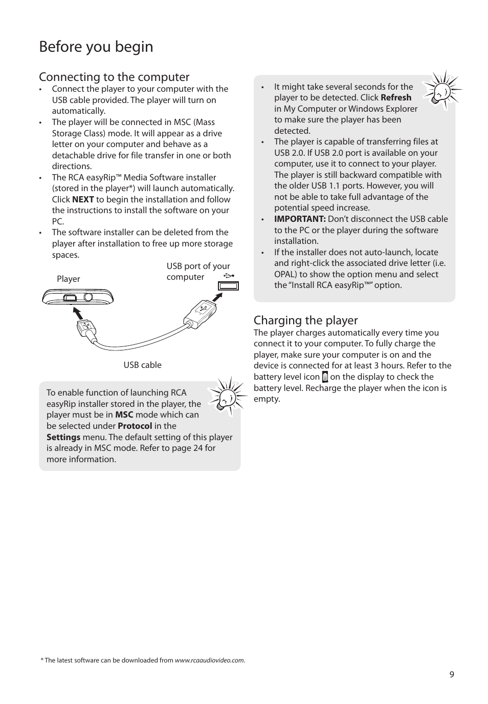 Connecting to the computer, Charging the player, Before you begin | RCA M4104 User Manual | Page 9 / 87