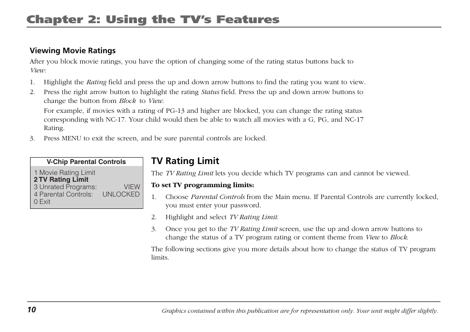 Tv rating limit, Chapter 2: using the tv’s features | RCA Frost LIFE131 User Manual | Page 12 / 32