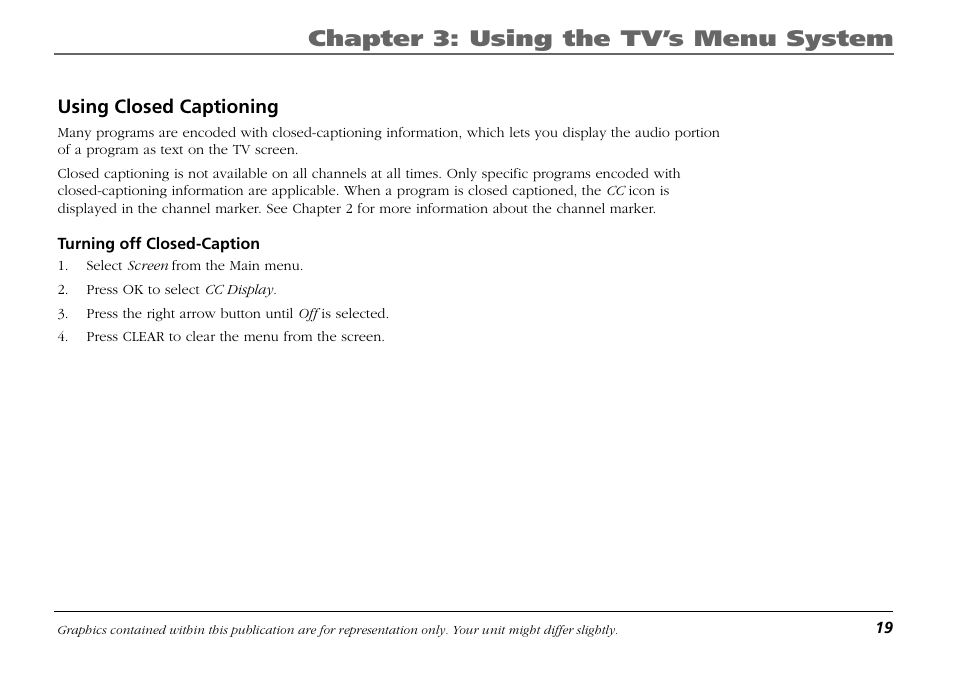 Using closed captioning, Chapter 3: using the tv’s menu system | RCA Frost LIFE131 User Manual | Page 21 / 32