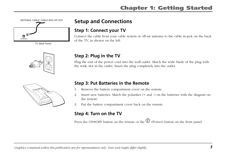 Setup and connections, Step 1: connect your tv, Step 2: plug in the tv | Step 3: put batteries in the remote, Step 4: turn on the tv, Chapter 1: getting started | RCA Frost LIFE131 User Manual | Page 5 / 32