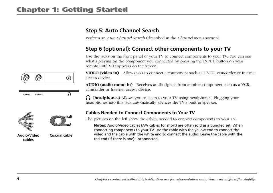 Step 5: auto channel search, Step 6 (optional): connect other components, Chapter 1: getting started | RCA Frost LIFE131 User Manual | Page 6 / 32