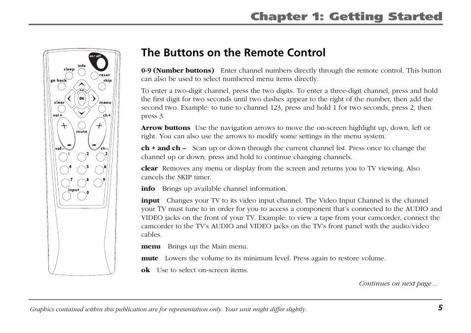 The buttons on the remote control, Chapter 1: getting started | RCA Frost LIFE131 User Manual | Page 7 / 32