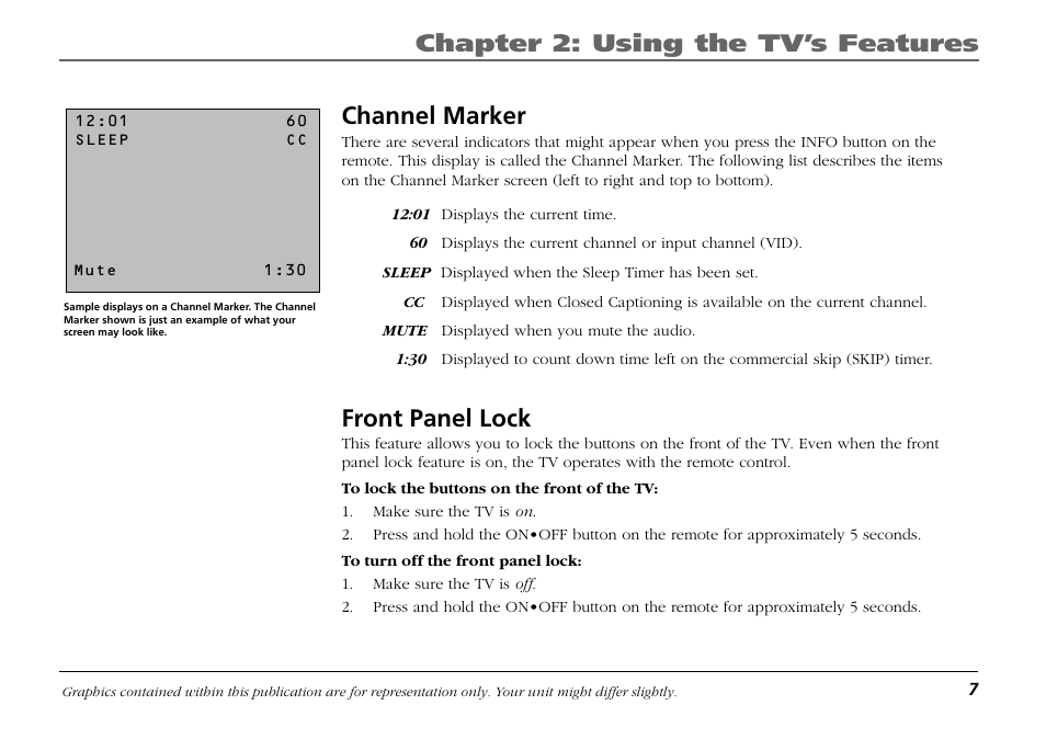 Channel marker, Front panel lock, Channel marker front panel lock | Chapter 2: using the tv’s features | RCA Frost LIFE131 User Manual | Page 9 / 32