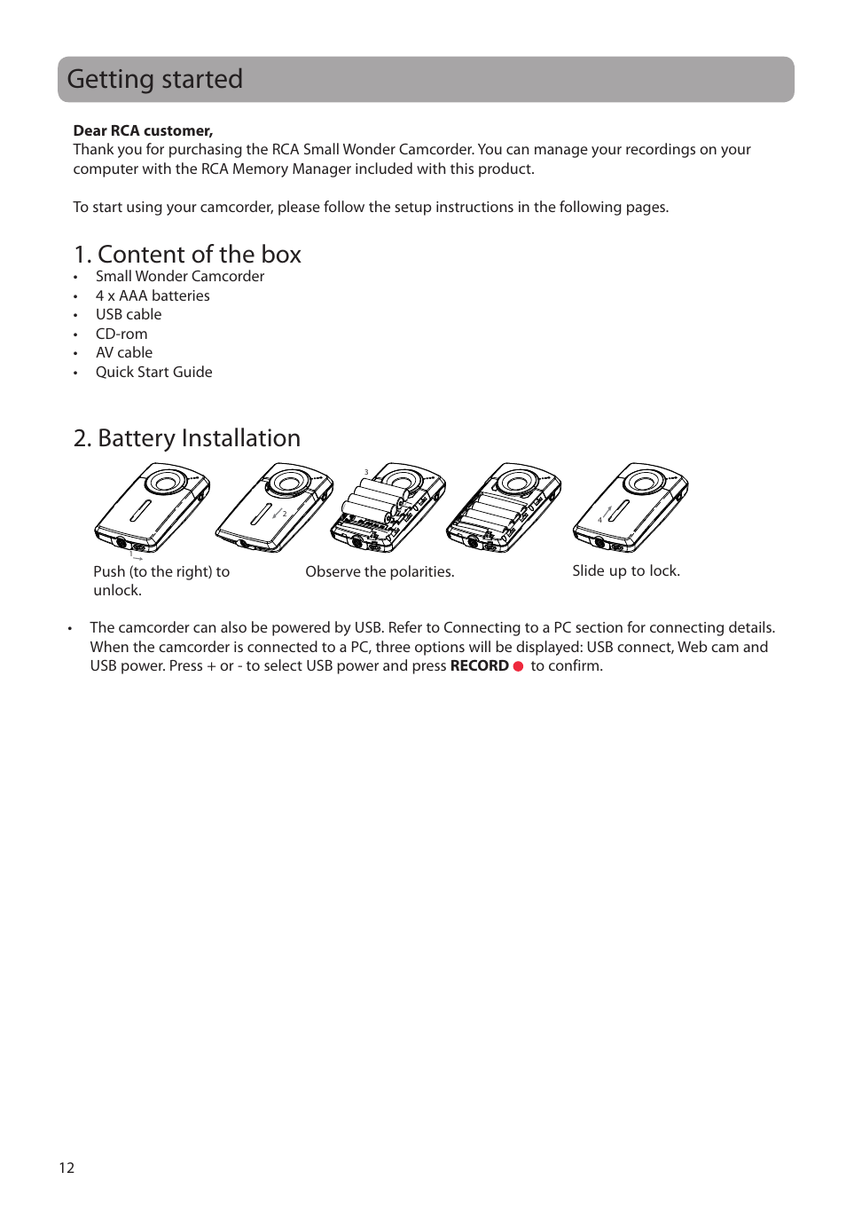 Getting started, Content of the box, Battery installation | RCA EZ1100 User Manual | Page 13 / 33