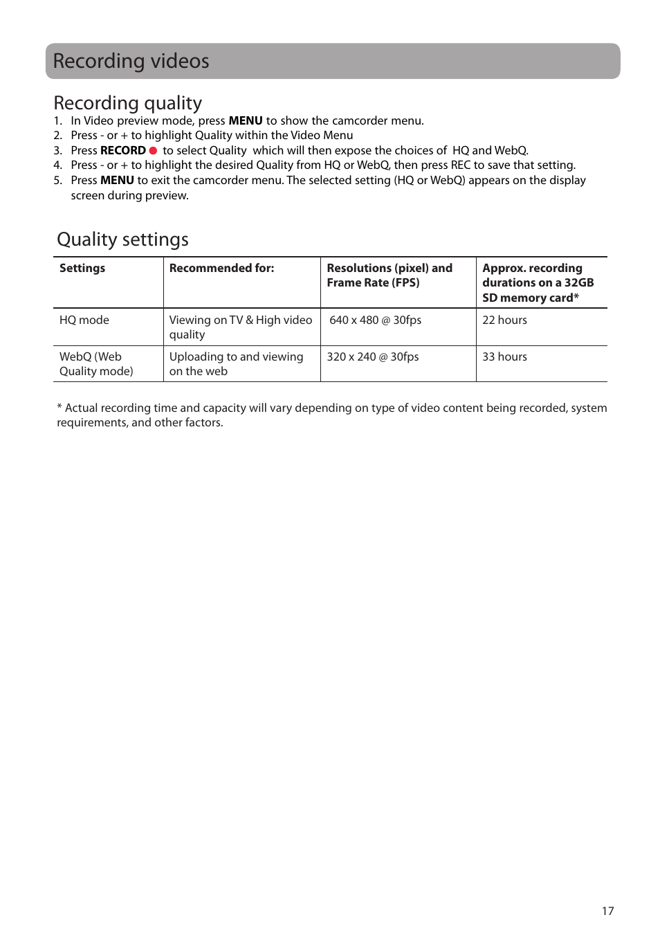 Recording videos, Recording quality, Quality settings | RCA EZ1100 User Manual | Page 18 / 33