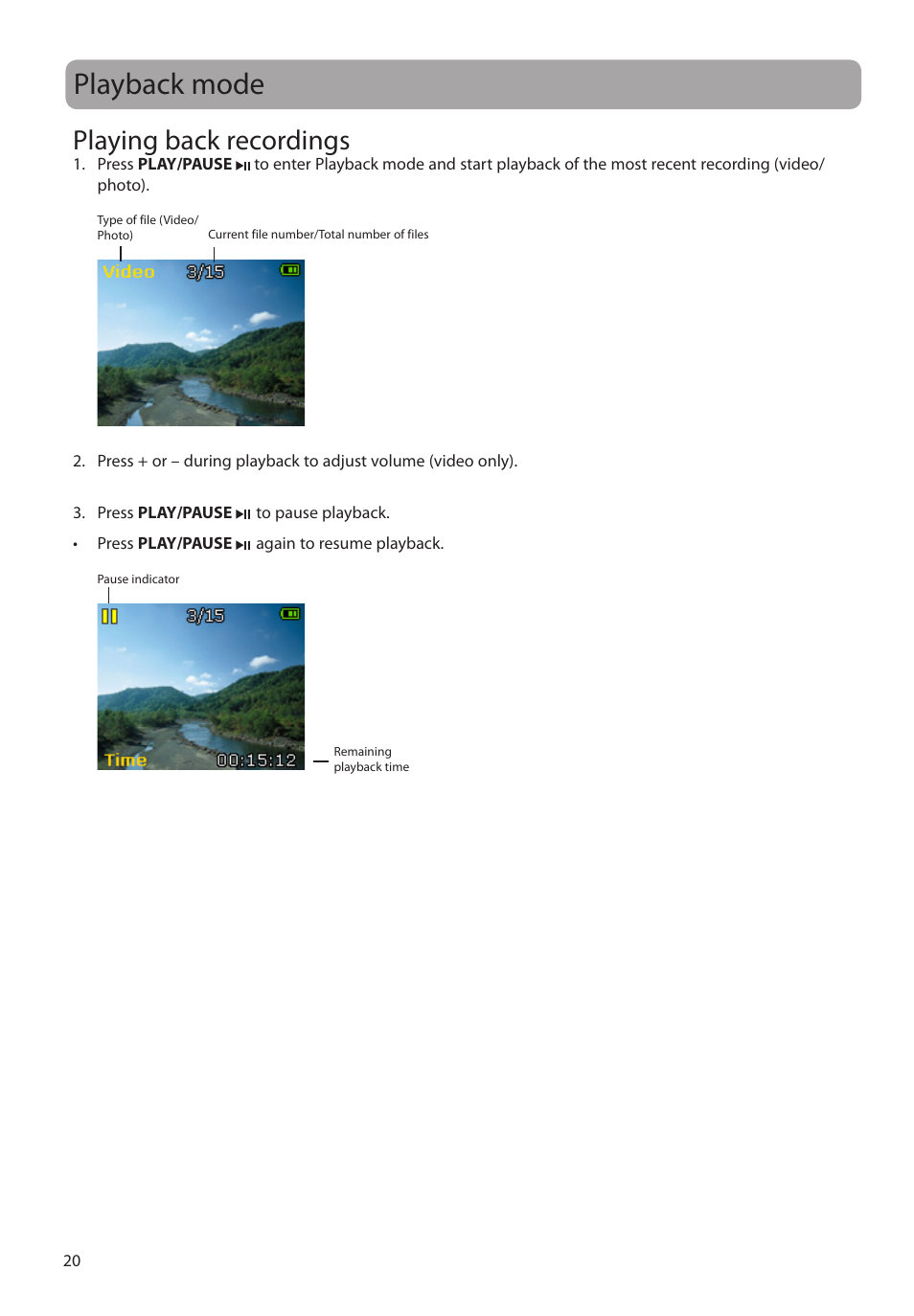 Playback mode, Playing back recordings | RCA EZ1100 User Manual | Page 21 / 33