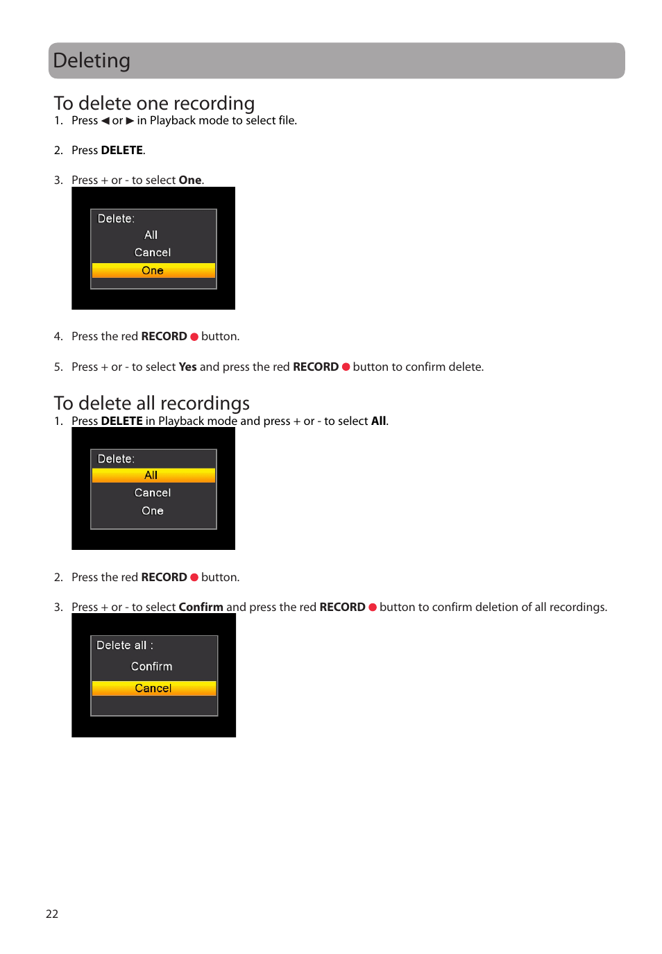 Deleting, To delete one recording, To delete all recordings | RCA EZ1100 User Manual | Page 23 / 33