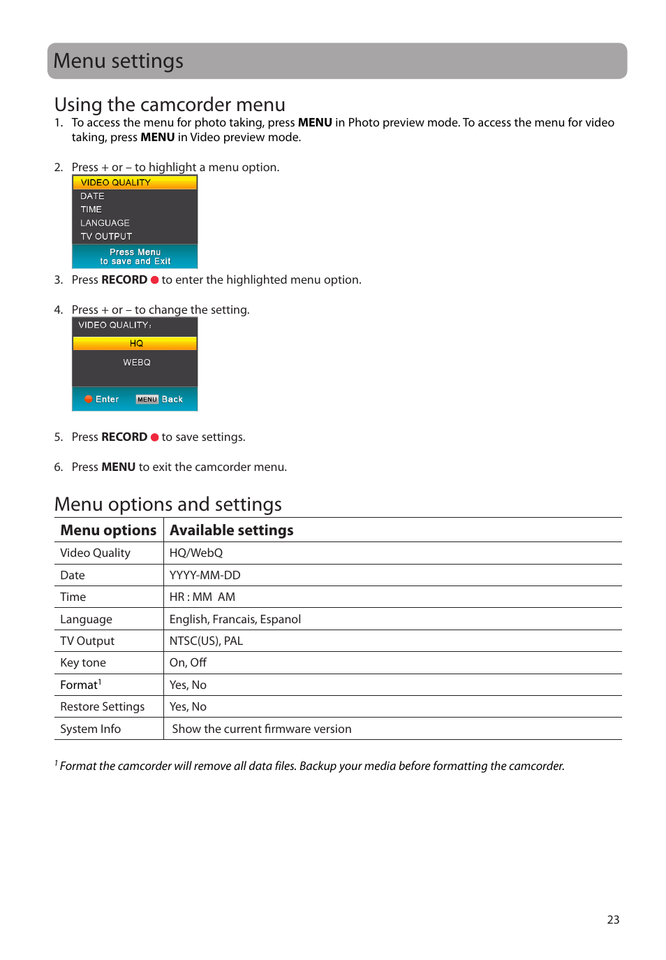 Menu settings, Using the camcorder menu, Menu options and settings | Menu options available settings | RCA EZ1100 User Manual | Page 24 / 33