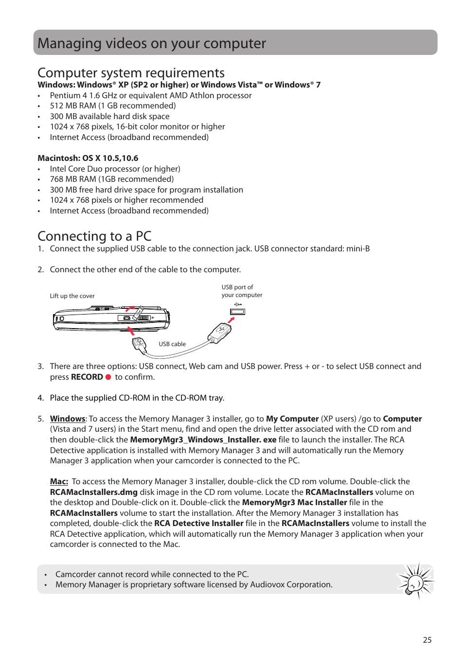 Managing videos on your computer, Computer system requirements, Connecting to a pc | RCA EZ1100 User Manual | Page 26 / 33