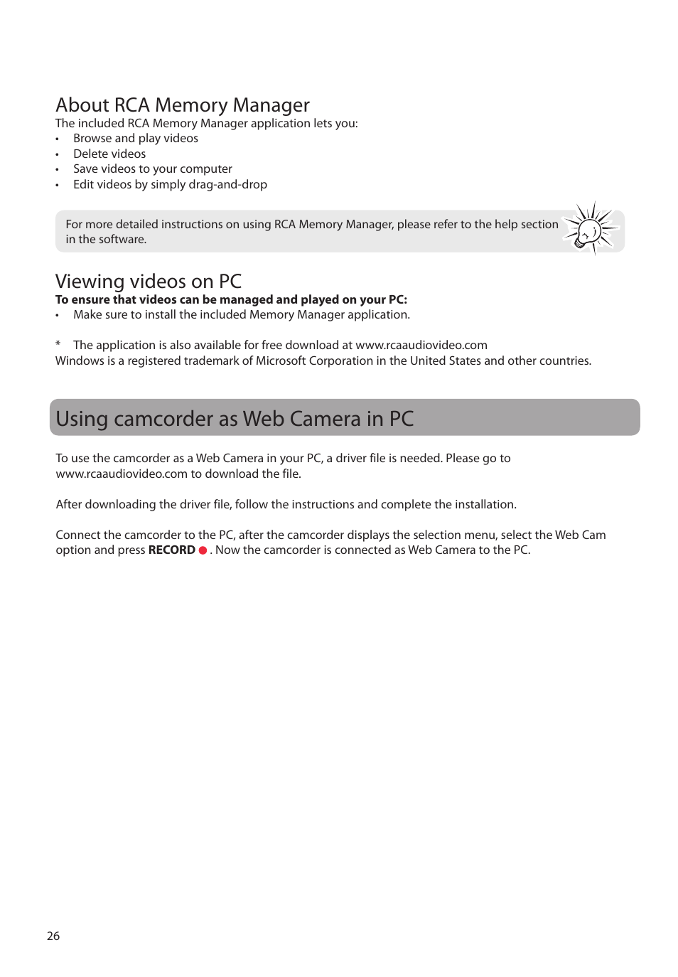 About rca memory manager, Viewing videos on pc, Using camcorder as web camera in pc | RCA EZ1100 User Manual | Page 27 / 33