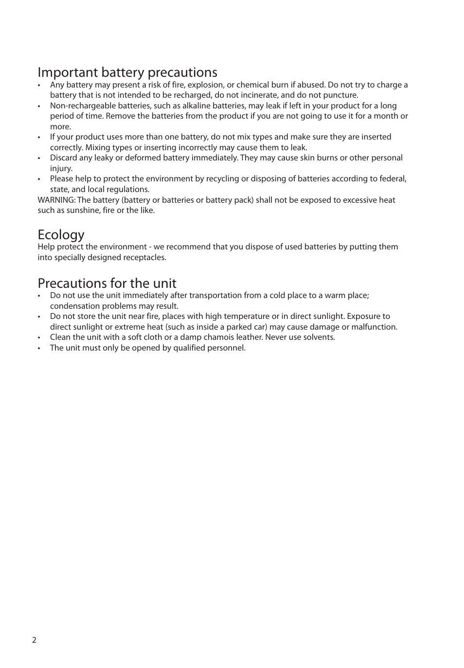 Important battery precautions, Ecology, Precautions for the unit | RCA EZ1100 User Manual | Page 3 / 33