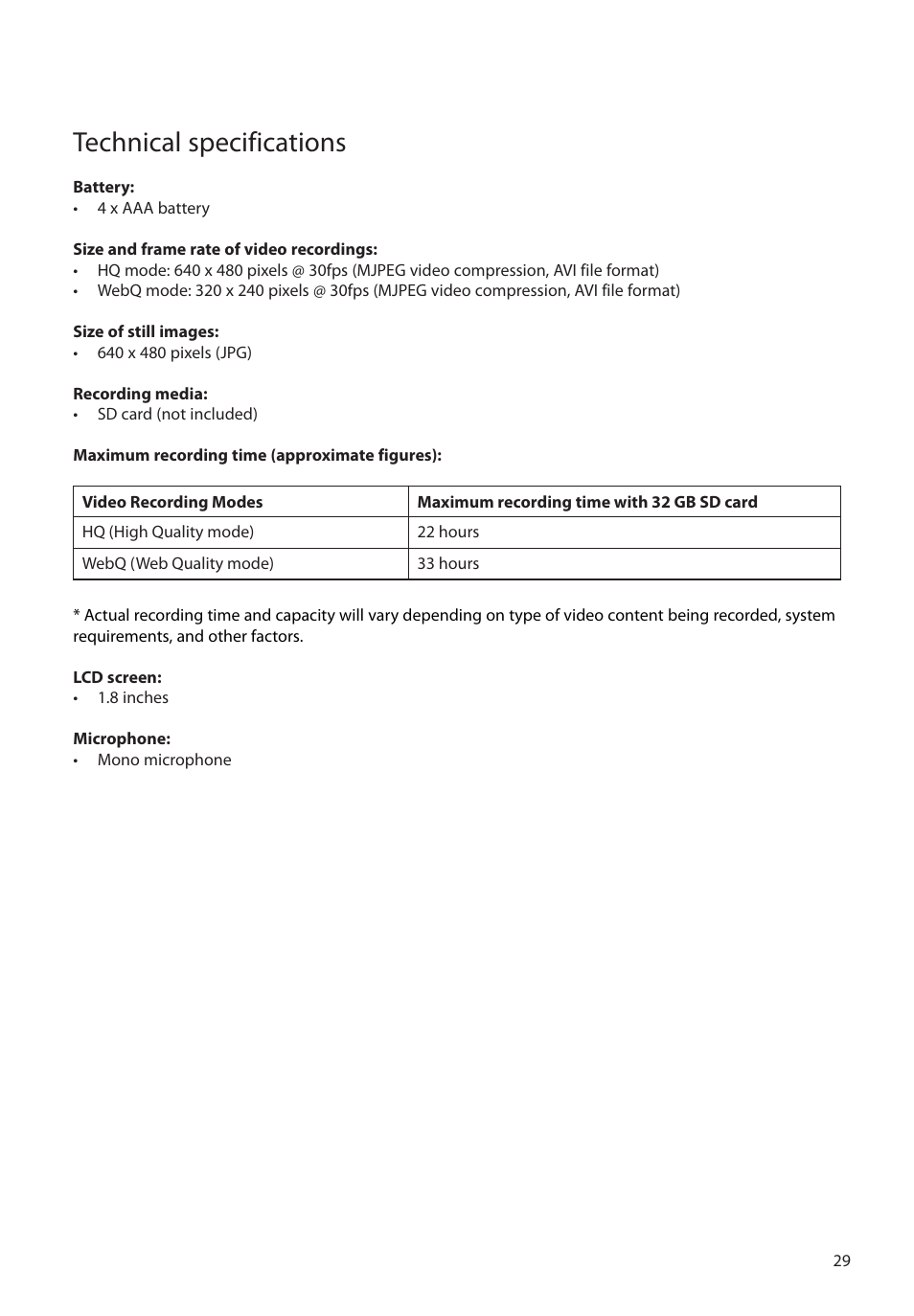 Technical specifications | RCA EZ1100 User Manual | Page 30 / 33