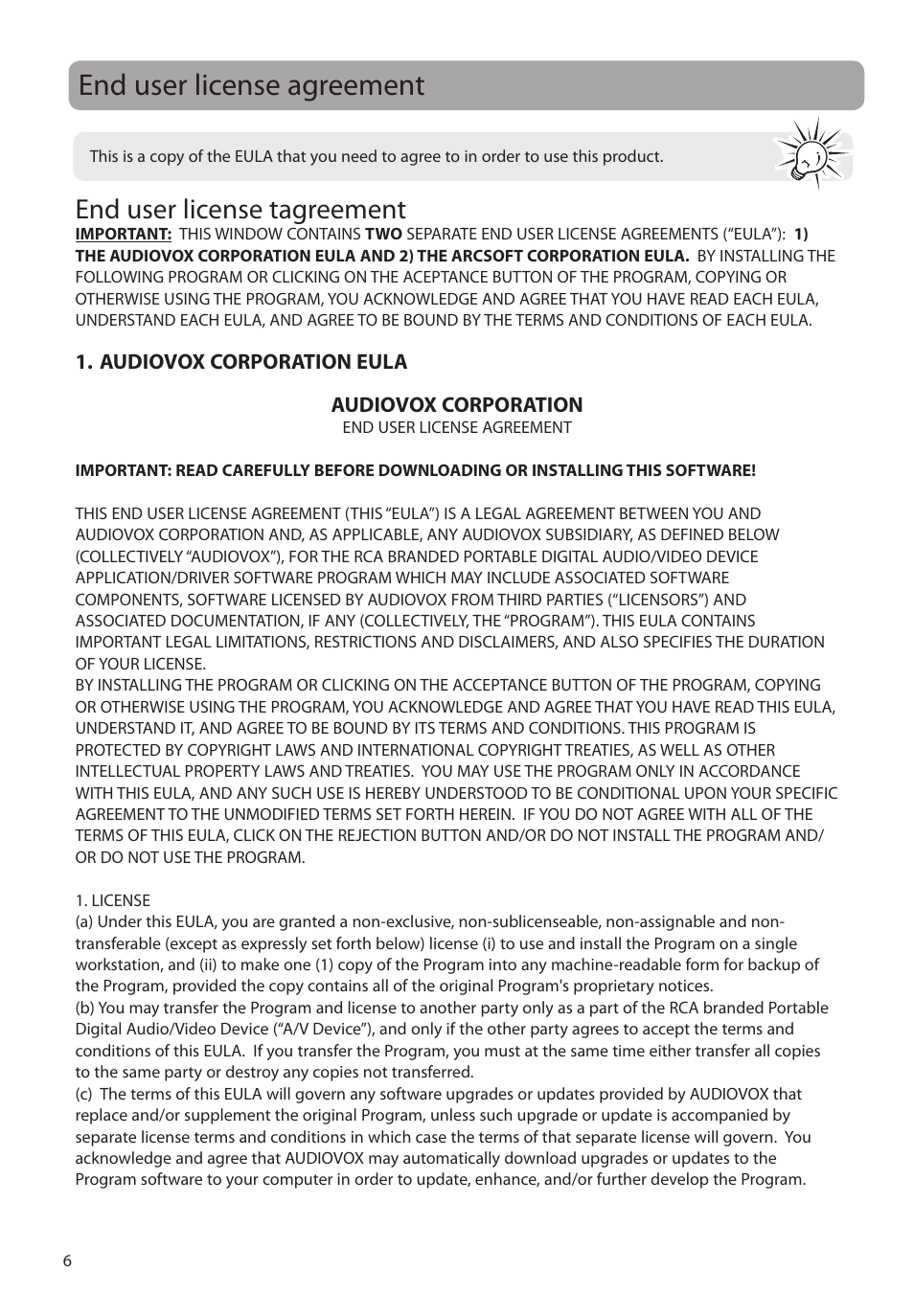 End user license agreement, End user license tagreement | RCA EZ1100 User Manual | Page 7 / 33