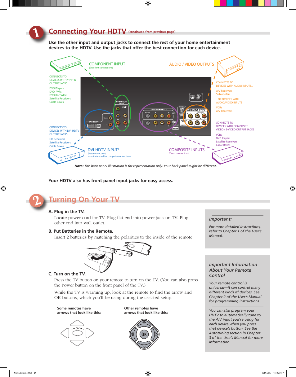 Turning on your tv, Connecting your hdtv | RCA hd52w59 User Manual | Page 2 / 4