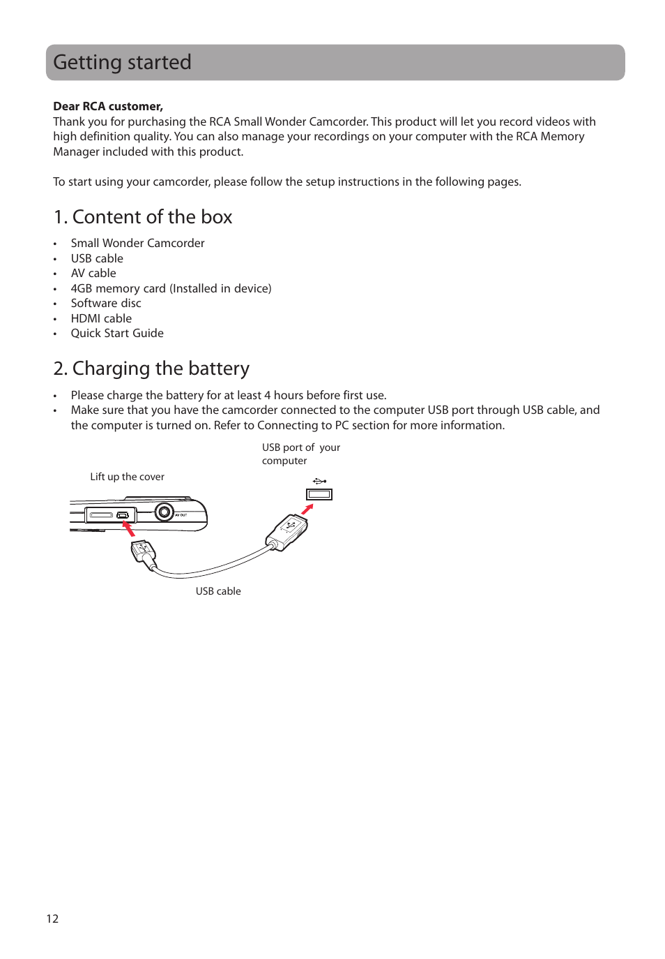 Getting started, Content of the box, Charging the battery | RCA EZ2120 User Manual | Page 13 / 34