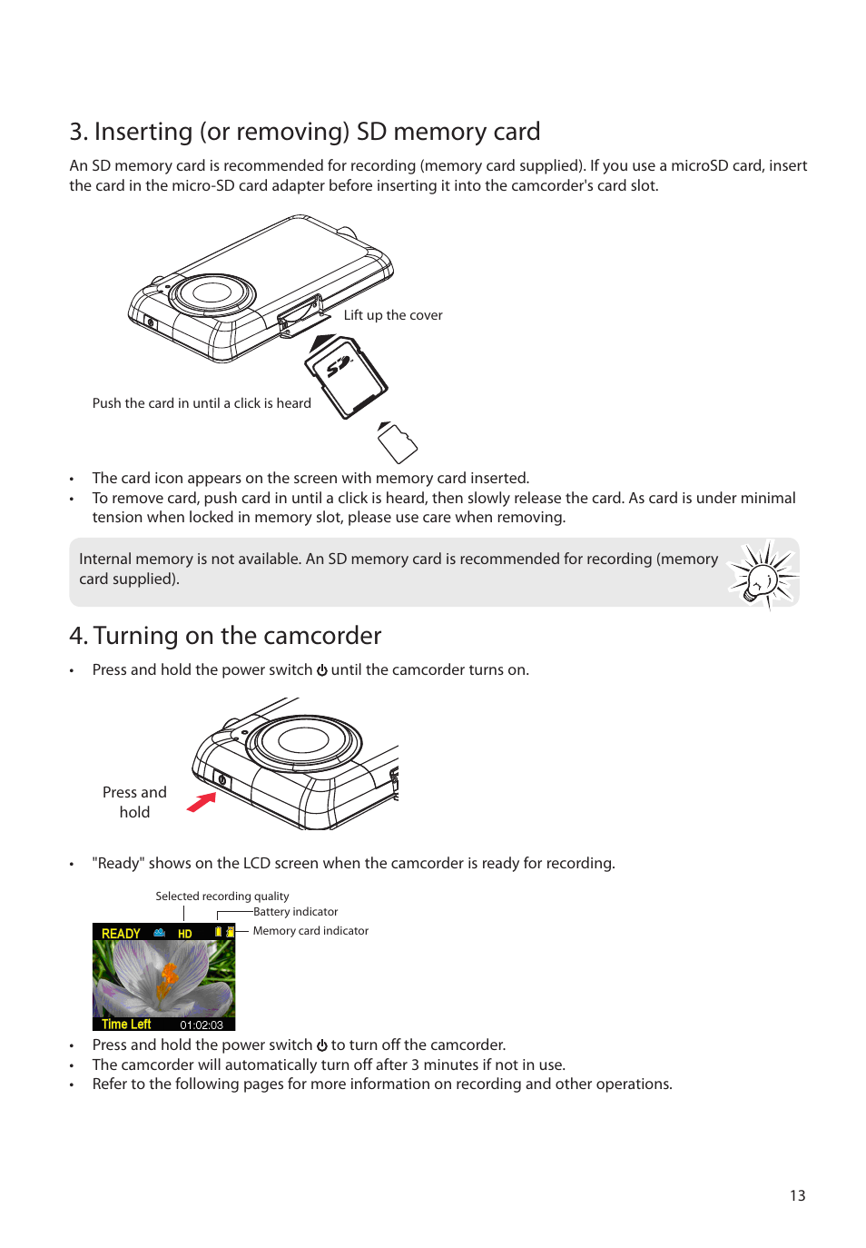 Inserting (or removing) sd memory card, Turning on the camcorder | RCA EZ2120 User Manual | Page 14 / 34