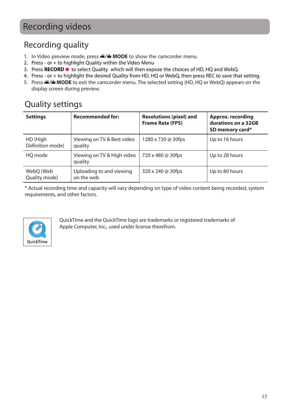 Recording videos, Recording quality, Quality settings | RCA EZ2120 User Manual | Page 18 / 34