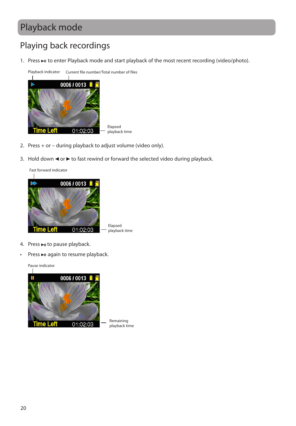 Playback mode, Playing back recordings | RCA EZ2120 User Manual | Page 21 / 34