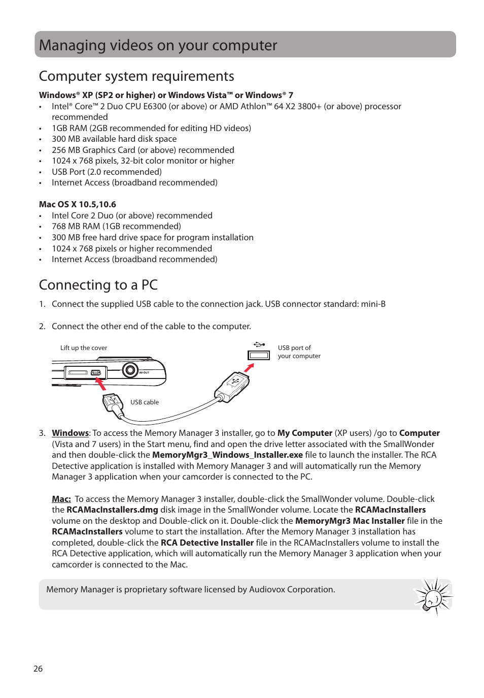 Managing videos on your computer, Computer system requirements, Connecting to a pc | RCA EZ2120 User Manual | Page 27 / 34