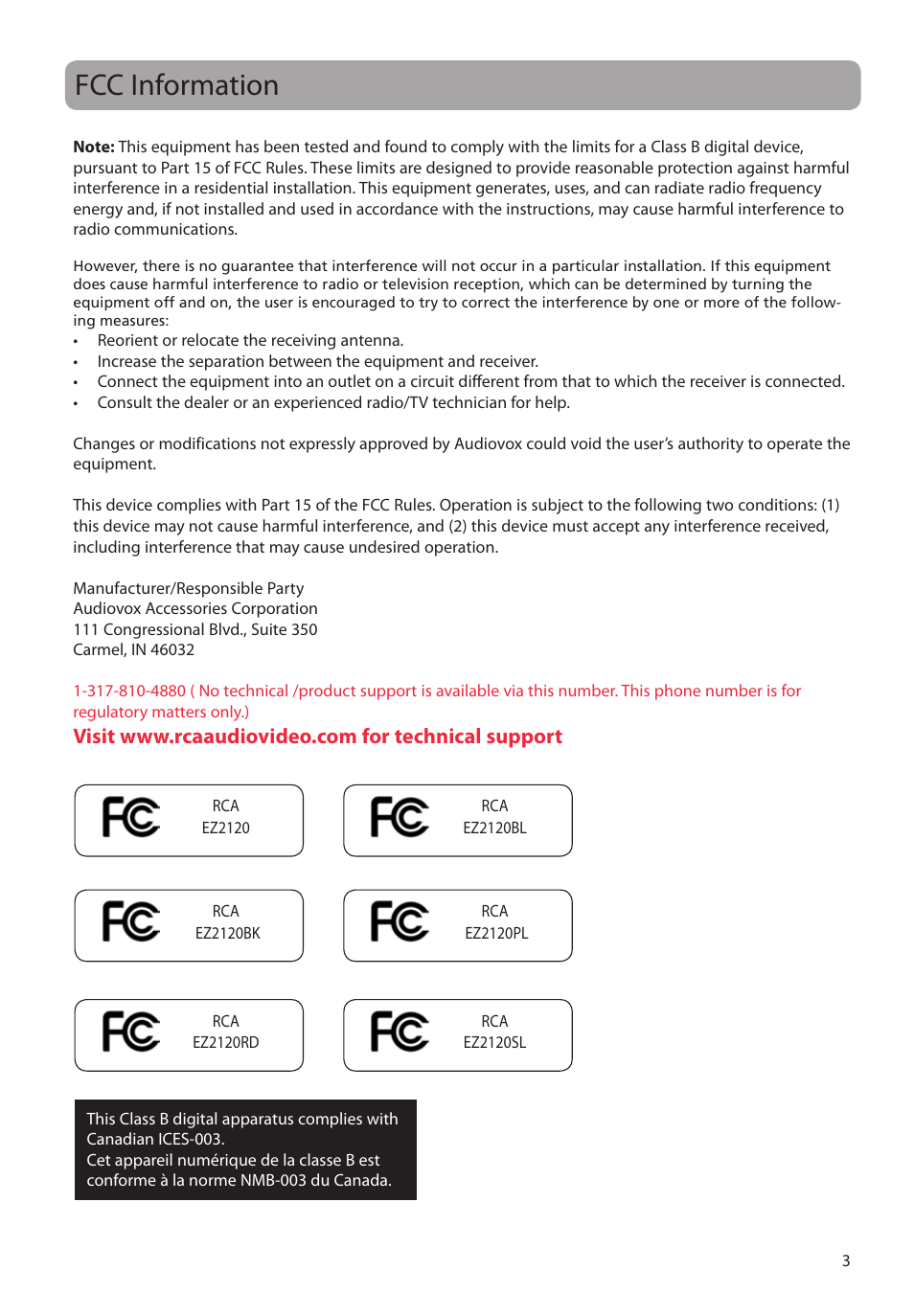 Fcc information | RCA EZ2120 User Manual | Page 4 / 34