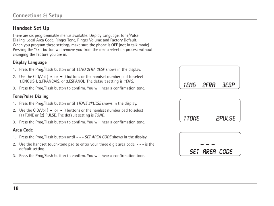 Handset set up, Connections & setup | RCA ViSYS 25110 User Manual | Page 18 / 92