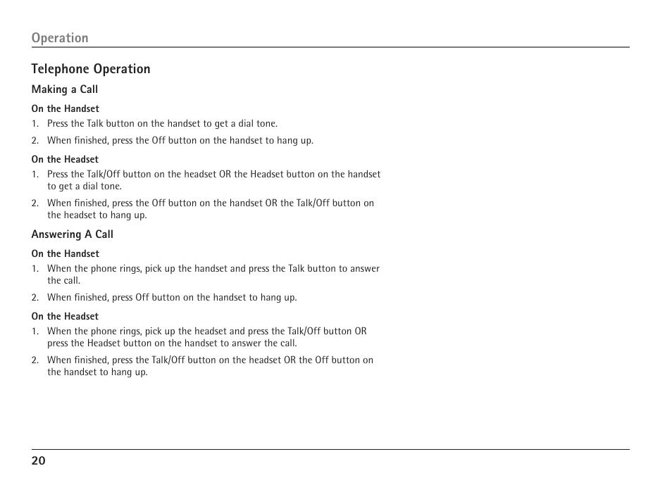 Telephone operation, Operation | RCA ViSYS 25110 User Manual | Page 20 / 92