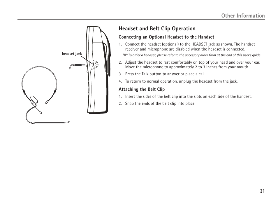 Headset and belt clip operation, Other information | RCA ViSYS 25110 User Manual | Page 31 / 92