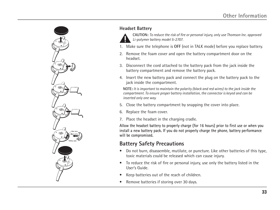 Battery safety precautions, Other information | RCA ViSYS 25110 User Manual | Page 33 / 92