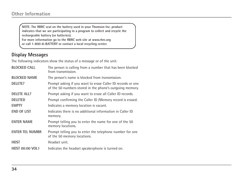 Display messages, Other information | RCA ViSYS 25110 User Manual | Page 34 / 92
