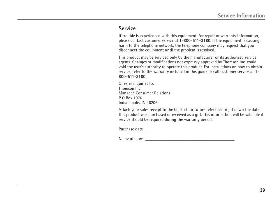 Service information service | RCA ViSYS 25110 User Manual | Page 39 / 92