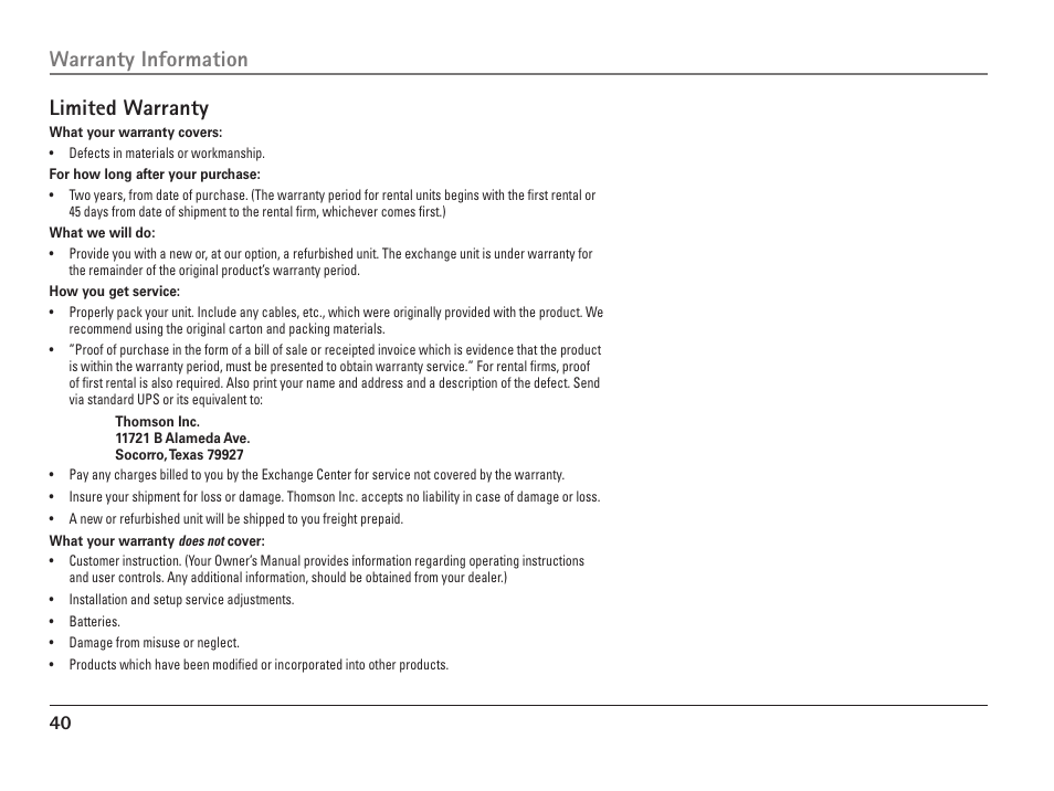 Warranty information limited warranty | RCA ViSYS 25110 User Manual | Page 40 / 92