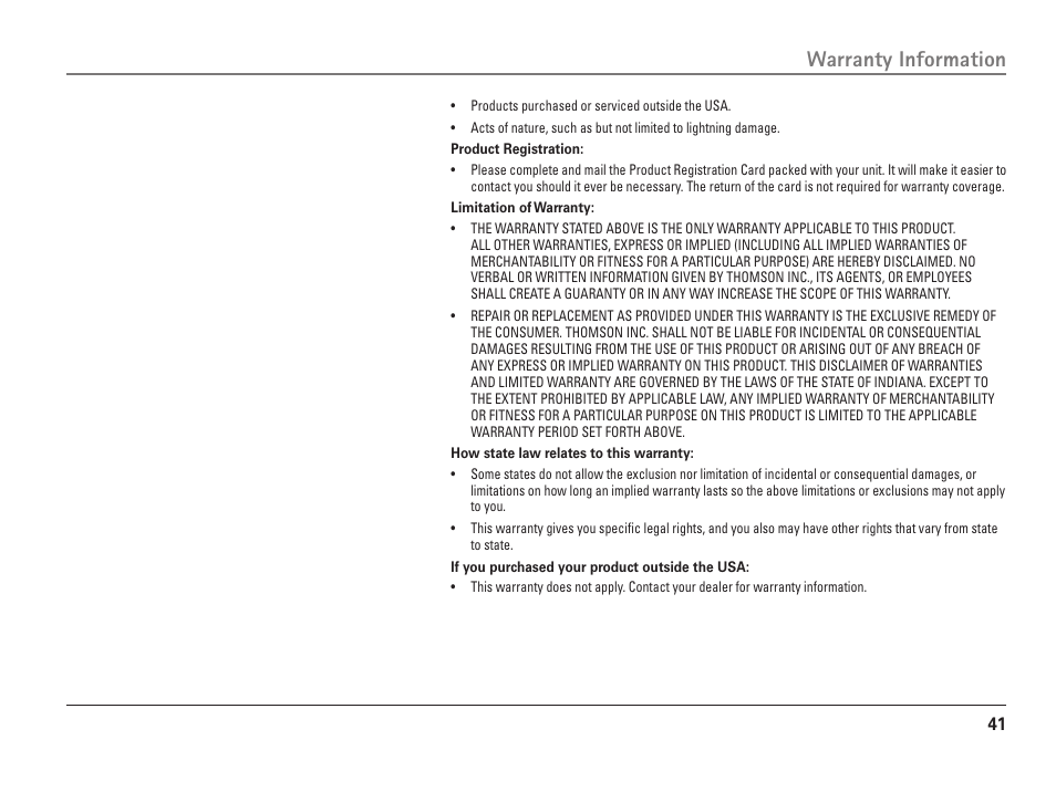 Warranty information | RCA ViSYS 25110 User Manual | Page 41 / 92